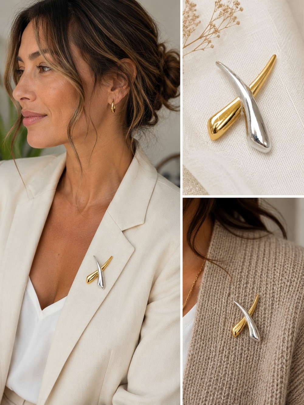 Napier Two-Tone Gold and Silver Abstract Crossed Pin Brooch